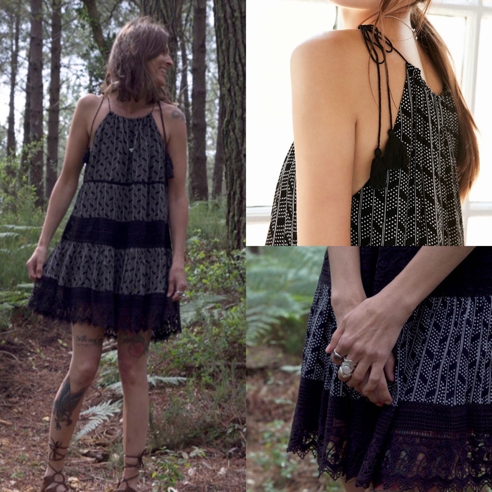 Kimchi La Palma Pom Black White Crochet Dress